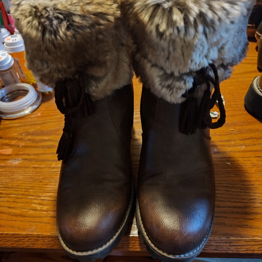 Patrizia Brown Fur Trimmed Leather Women's Boots